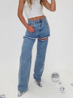 Beginning Boutique Gem Diamante Trim Wide Leg Denim Jeans | Size: US 6